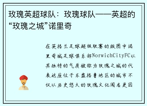 玫瑰英超球队：玫瑰球队——英超的“玫瑰之城”诺里奇