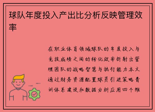 球队年度投入产出比分析反映管理效率
